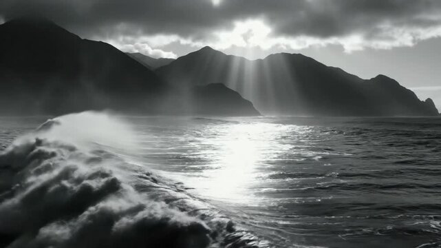Dramatic black and white ocean scene with powerful waves and sun rays over the mountains and water surface
