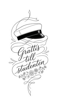 Grattis till studenten Swedish greeting, elegant line art illustration with studentm&ouml;ssa, swedish graduation cap on white background