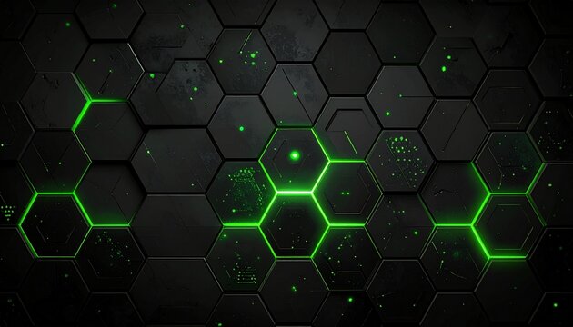 Abstract dark technological background featuring a futuristic geometric pattern of black hexagonal tiles with vibrant neon green light lines.