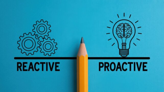 Reactive vs Proactive concept with pencil dividing gears and a brain lightbulb