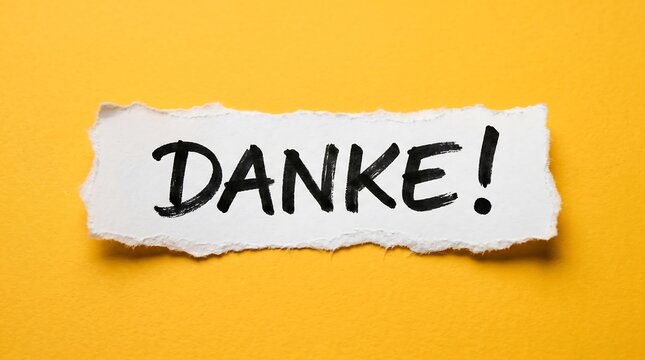 Handwritten Danke text on a piece of torn white paper isolated over a vibrant yellow background.Handwritten Danke text on a piece of torn white paper isolated over a vibrant yellow background.