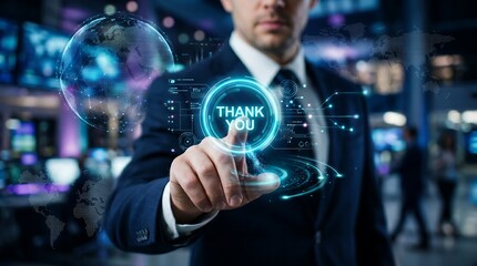 Fototapeta premium Businessman touching a glowing digital interface button displaying a 