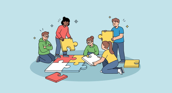 Diverse Young People Working Together Assembling Jigsaw Puzzle