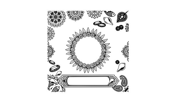 wedding invitation frame elements with mandala and marigold garland vector illustration