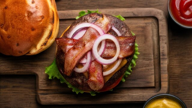 Fresh gourmet burger on a wooden board, overhead view with soft lighting