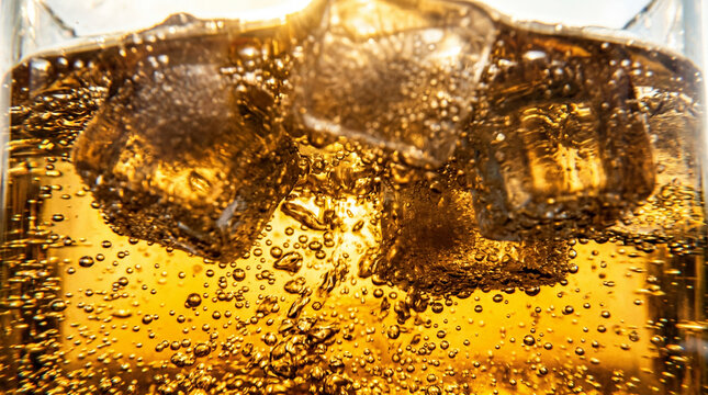 Close up macro of refreshing golden amber carbonated drink with ice cubes and fizzy bubbles exploding with energy