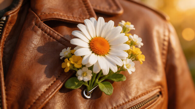 Flower pinned on leather jacket ideal for sleek commercial backgrounds and title sequences