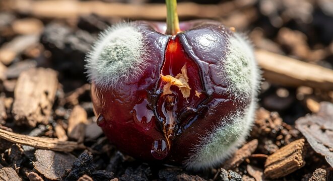 A single rotting cherry with mold growth on the forest floor