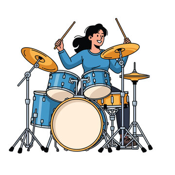 Energetic drummer playing drum kit with sticks.