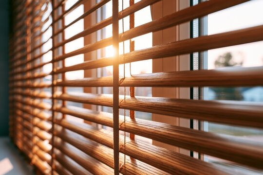 Horizontal wooden blinds filtering bright morning sunlight in a domestic window setting with soft bokeh for real estate and home staging marketing