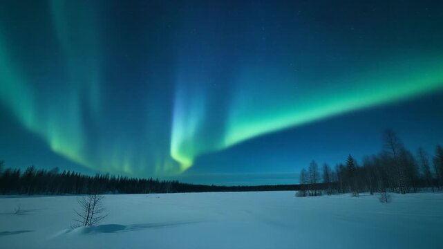 Ultra wide aurora display above snow covered landscape with vivid night sky colors