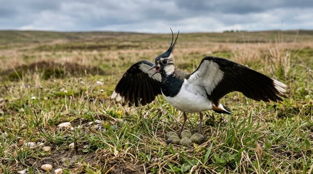 A northern lapwing bird with its beak open, standing on a grassy field with its wings spread wide.