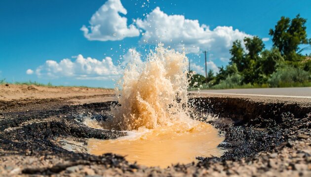 Water geyser gushing from burst pipe leak in asphalt road pothole damage