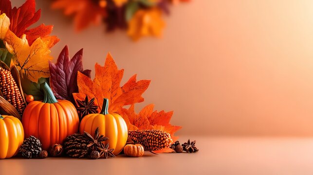 Commercial flat lay of autumn harvest items (pumpkin, dried leaves, pinecone, star anise, corn, bark, seed pod) on left side, light brown background with right negative space.