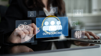 Outsourcing concept showing collaboration, delegation, global workforce, productivity, and task...