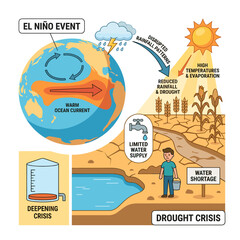 Naklejka premium El Niño event causes drought and water crisis illustration
