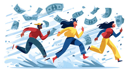 Fototapeta premium Abstract illustration of a person reaching for flying gold coins and wealth
