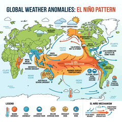 Naklejka premium Global weather anomalies map showing El Niño pattern effects