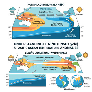 El Ni&ntilde;o conditions infographic of Pacific Ocean temperature anomalies