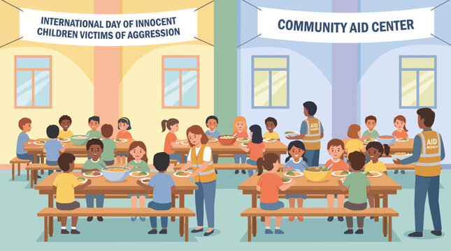Community aid center serving meals to children illustration