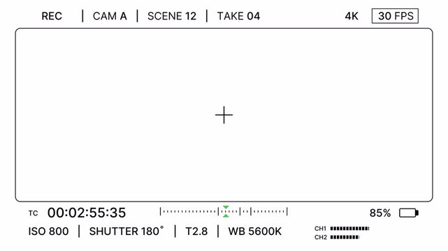 Minimal cinematic camera HUD interface with REC indicator, timer, audio channels, battery level, exposure settings. Professional video viewfinder for filmmaking, streaming, broadcast, editing. 4K