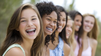 Obraz premium Cheerful teens with dental braces posing together outside. Diverse children and adolescents smiling with colorful orthodontic brackets and healthy teeth in friendship concept