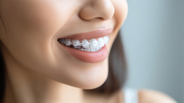 Side view closeup of woman smiling with transparent braces. Cosmetic orthodontic treatment with clear aligners for straight white teeth and confident healthy smile