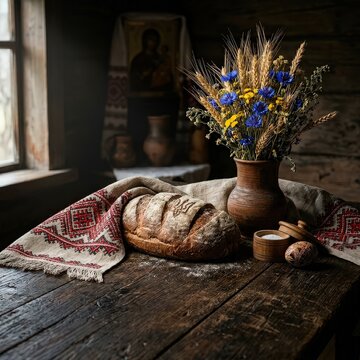 Traditional Ukrainian Still Life with Bread Salt and Wildflowers on Wooden Table