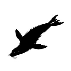 Silhouette of a seal swimming gracefully in the water, depicted as a black outline on a white background. © ning