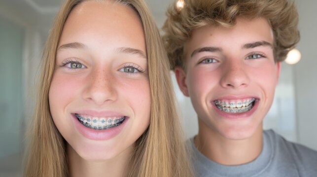 Happy teenage boy and girl with metal braces smiling at camera indoors. Closeup portrait of adolescents showing orthodontic treatment results and healthy straight teeth