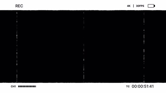Cinematic film frame overlay with distressed scratches, REC indicator, battery icon, and timecode display for filmmaking, retro video editing, streaming, and broadcast. 4K Video