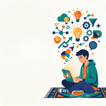 Flat vector illustration of a creative millennial guy sitting on a rug, analyzing data and generating multiple innovative business ideas on his laptop computer.