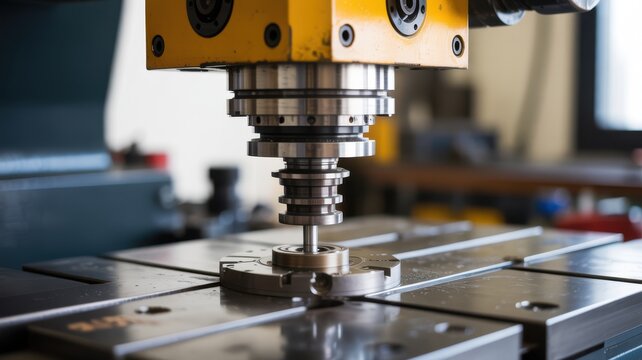 Precision CNC milling machine creating a metal part with a cutting tool in an industrial workshop.