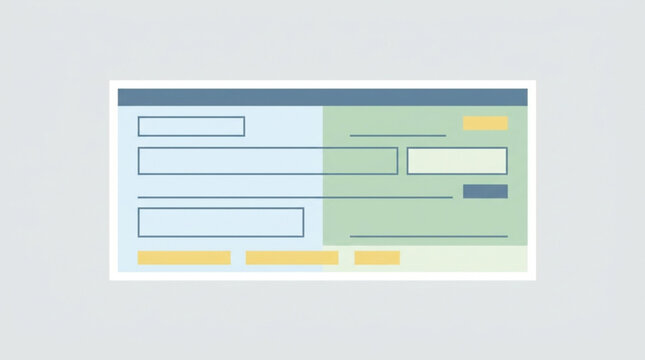Flat lay illustration of a user interface design with input fields and buttons, presented in a clean, organized layout with blue and green color accents against a neutral background