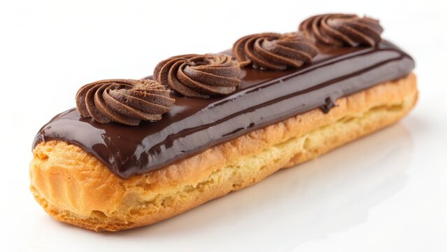 French dessert chocolate eclair topped with creamy swirls on golden pastry base offering rich and delightful treat