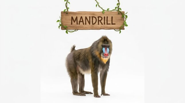 Colorful Adult Mandrill Standing Beneath Wooden Name Sign on White Background
