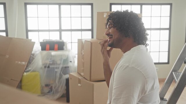 Man holding smartphone to mouth speaking and smiling amid stacked cardboard moving boxes and ladder inside building; moving day joy.