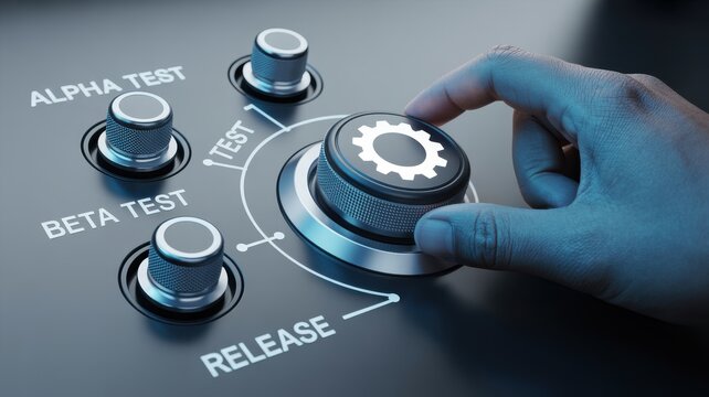 Hand turns dial to release software from beta test to release stage