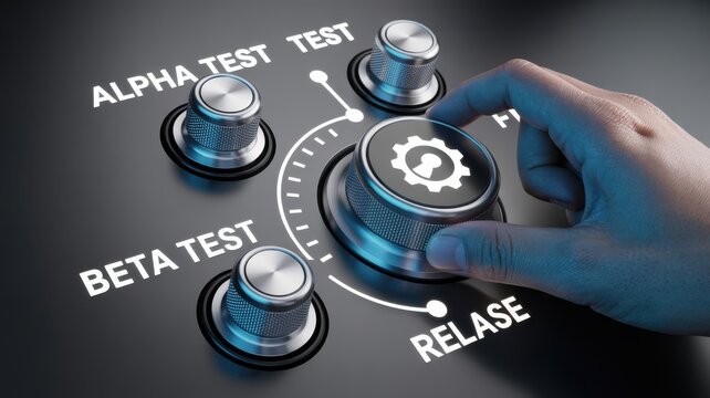 Hand turns dial to release software from beta test to release stage