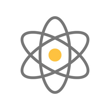 Flat icon of an atom with orbiting electron lines around the center. Ideal for science themes, chemistry graphics, school designs, and educational illustrations.
