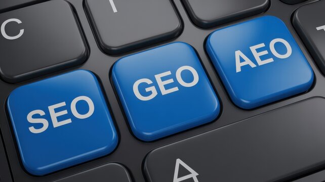 Close-up of keyboard with blue SEO, GEO, and AEO keys
