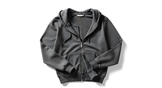 Leather jacket with hood and zipper closure laid flat on surface