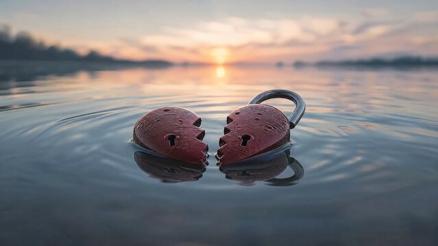 A broken heart-shaped lock floating on calm water, split in two pieces in soft morning light.