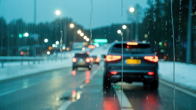 View through a car windshield with rain streaks, showing traffic on a wet road at dusk with blurred lights, rear view