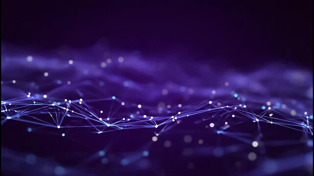 Abstract network of glowing nodes and connecting lines against a dark purple backdrop