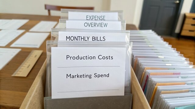 Organized financial documents in clear folders on a wooden table showing expense overview and monthly bills for effective budgeting and financial management