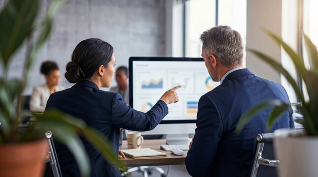 Professional business colleagues collaborating and analyzing data on a computer screen in a contemporary office.