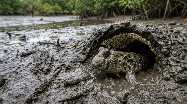 A mudskipper emerging from its mudhole in a mangrove forest.