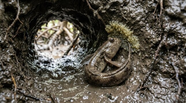 A mudskipper in a muddy hole with roots and algae.