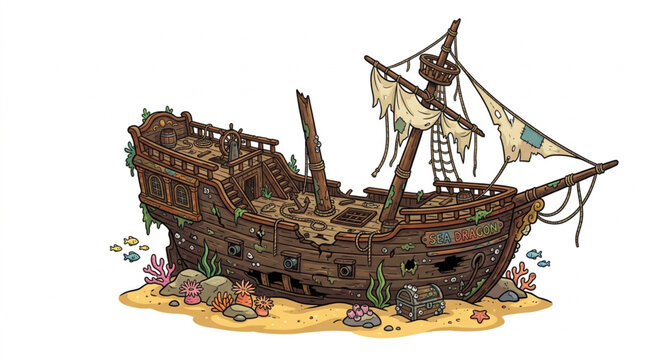 Sunken pirate ship wreck with treasure chest on seabed vector illustration cartoon style